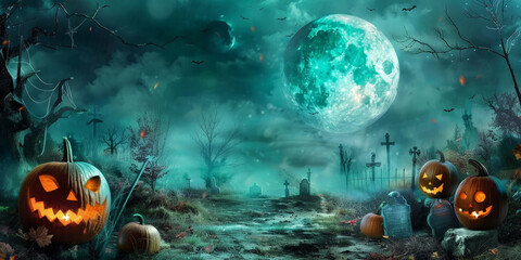 Halloween night background with a full moon, tombstones and pumpkins in the woods on green background,Spooky Forest At Night.horror, green halloween banner