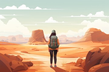 adventure girl in desert nature landscape illustration