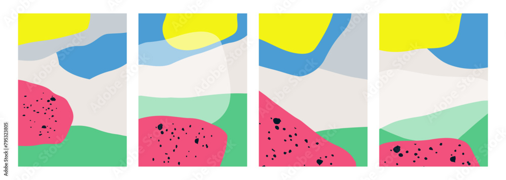 Fototapete set of abstract backgrounds with various color hand drawn dynamic shapes and black curved lines for 