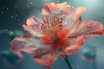 A beautiful close-up of a wet pink hibiscus flower with water droplets on its petals.