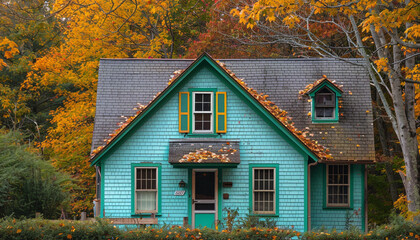 Vibrant teal Cape Cod style vacation home with a slate roof, set against a backdrop of autumn trees. Copyspace in the upper part of the image among the leaves for text.