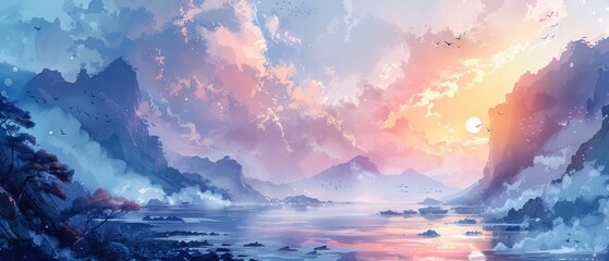 A beautiful landscape painting in the style of anime. The colors are soft and pastel, and the scene is peaceful and serene. There is a lake in the foreground, surrounded by mountains. The sky is a gra - obrazy, fototapety, plakaty