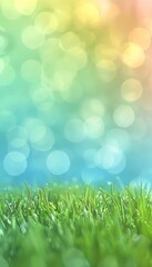 Blurred spring meadow  defocused sunny background with blue sky to green grass gradient bokeh