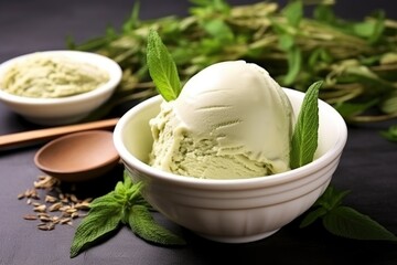 A bowl of green tea ice cream garnished with fresh mint leaves, showcasing a delightful dessert option. Refreshing Mint Green Tea Ice Cream