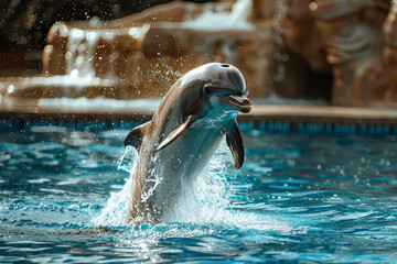 A dolphin breaches the surface of the water in a spectacular display of agility and power.