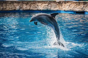 A dolphin breaches the surface of the water in a spectacular display of agility and power.