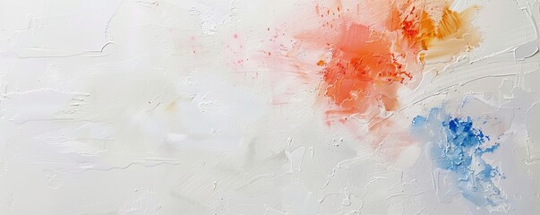 A painting with white textured background and blue, orange and pink paint splatters.