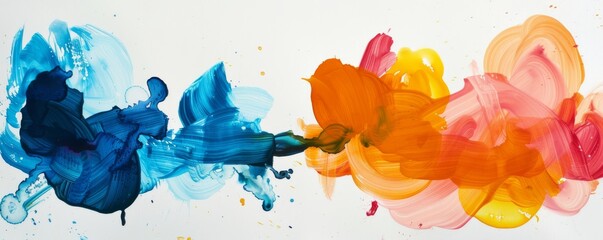 Colorful abstract painting with blue, orange and pink hues. - obrazy, fototapety, plakaty