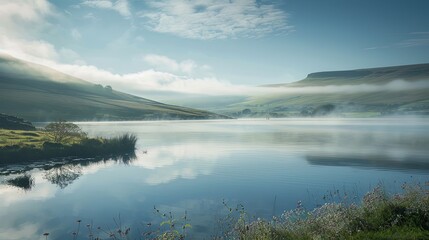Fototapeta premium A tranquil morning at a vast reservoir, with mist rising from the water's surface as the sun begins to illuminate the tranquil scene,