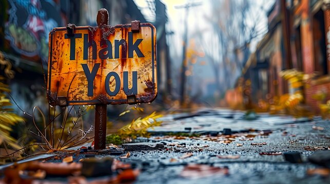 Weathered 'Thank You' sign stands resilient in contrast to the surrounding urban decay,