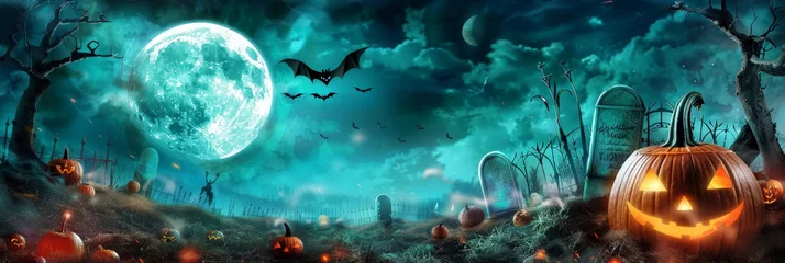  Halloween night background with a full moon, tombstones and pumpkins in the woods on green background,Spooky Forest At Night.horror, green halloween banner © Planetz
