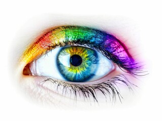An eye with rainbow-colored eyeshadow.