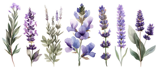 Watercolor painting of flower arrangements with lavender, wildflowers, and leaves, perfect for home decor or event decoration. - obrazy, fototapety, plakaty