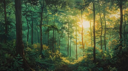 A dense forest with green trees and sunlight shining through the trees.