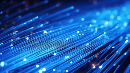 Fiber optics with glowing blue light for communication technology concept background.
