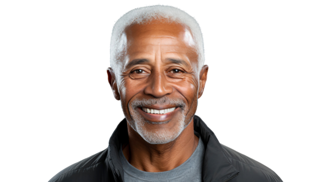 Portrait of happy senior retired man with a cheerful smile, confident enjoy his retirement, isolated on transparent background