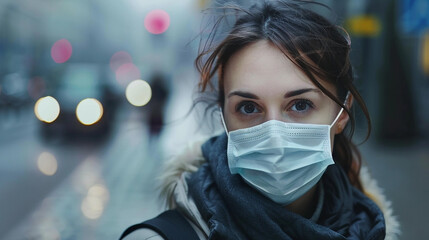 Woman in mask on the street, COVID lockdown