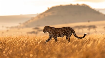 A leopard is pictured prowling through the grasslands of the Maasai Mara National Park. in kenya With the silhouette of mountains in the background, leopards are elusive and majestic predators.