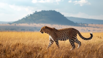 A leopard is pictured prowling through the grasslands of the Maasai Mara National Park. in kenya With the silhouette of mountains in the background, leopards are elusive and majestic predators.