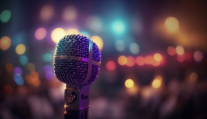 A close up of a microphone on a stage with blurred colorful lights in the background.

