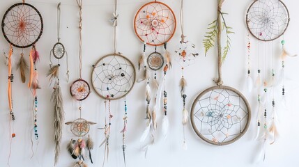 Boho-chic dreamcatchers with eclectic designs and natural elements add a sense of bohemian flair to designs on white - obrazy, fototapety, plakaty