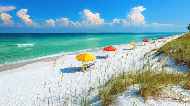 An idyllic beach scene with pristine white sands, azure waters, and colorful beach umbrellas dotting the shoreline, beckoning visitors to relax and unwind in the natural