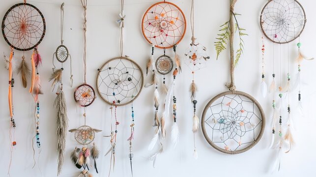 Boho-chic dreamcatchers with eclectic designs and natural elements add a sense of bohemian flair to designs on white