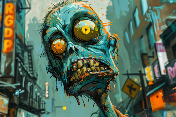Cartoon Caricature of a Zombie.  Generated Image.  A digital illustration of a cartoon caricature of a zombie in a city.
