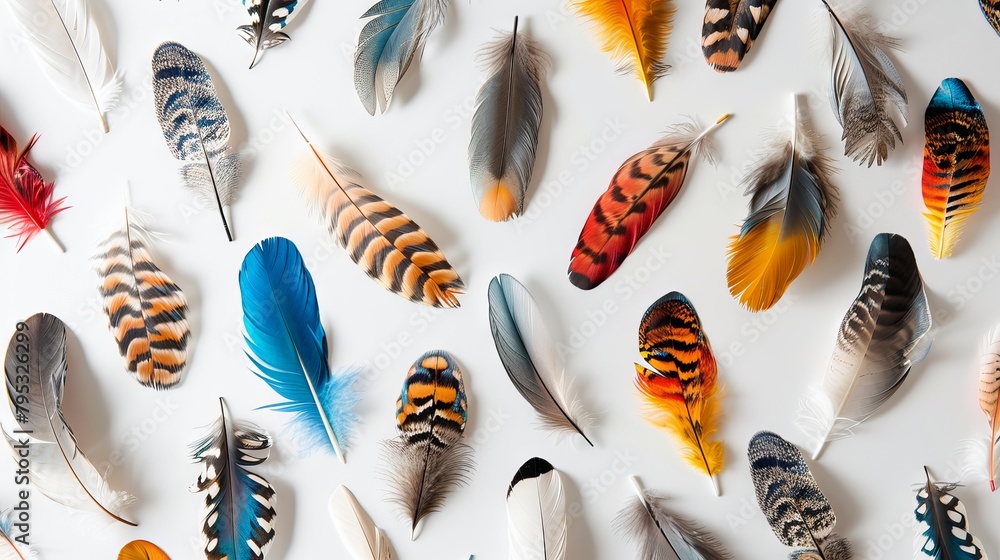 Poster Boho-inspired feathers arranged in an enchanting pattern on a pristine white backdrop