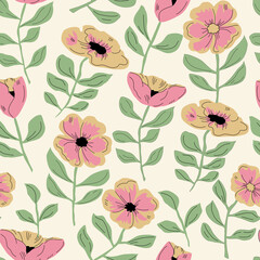 pink and yellow seamless pattern with flowers.