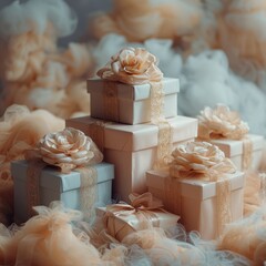 A stack of wrapped presents with peach and cream colored wrapping paper and topped with handmade silk roses.