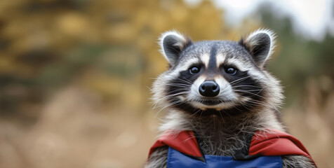 Close up funny portrait of a raccoon in a superman costume wearing glasses. Funny character for your game or story	 - 795326486