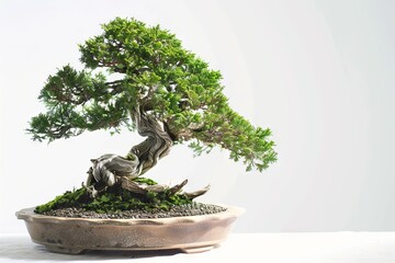 Bonsai trimming tutorial on a soft transparent white backdrop, ideal for educational purposes