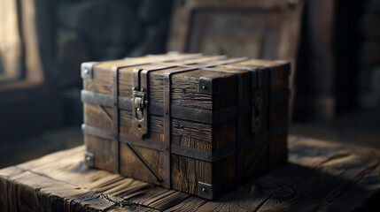 Vintage Wooden Chest on Rustic Tabletop