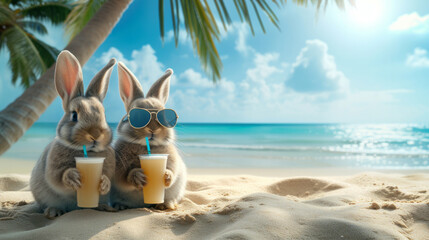 Two cute funny bunny rabbits in sunglasses with two glasses of a summer drink orange juice on the sandy shore of the ocean sea, the concept of advertising tourism, summer vacation at sea - 795326859