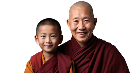 Portrait of a smiling father and son Buddhist monk with bald head, isolated on transparent background