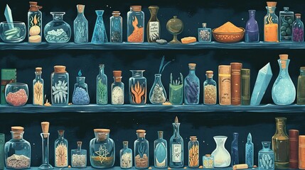 Illustration of occult magic magazine and shelf with various potions, bottles, poisons, crystals, salt. Alchemical medicine concept - 795327205