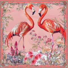 A pair of pink flamingos stand in a lush garden with green leaves and colorful flowers.