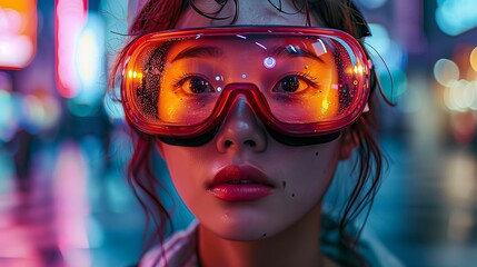 A woman wearing red goggles with a red face