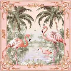 A painting of pink flamingos in a tropical setting with palm trees, hibiscus flowers, and other lush vegetation. The flamingos are standing in a pink lake, and the sun is setting in the background.
