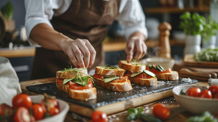 Female chef preparing toasts on kitchen table closeup