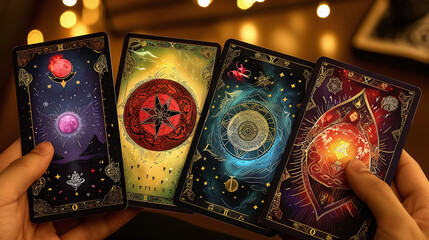 close up of beautifully designed tarot cards, esoteric fortune teller