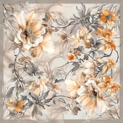 A square floral pattern with white, yellow, and orange flowers and grey leaves on a beige background. - obrazy, fototapety, plakaty