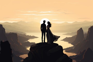 wedding couple stands on cliff by river illustration