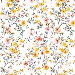 A seamless pattern of small yellow, pink, and white flowers.