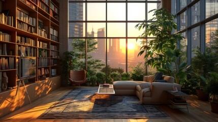 A cozy, stylish modern library with large floor-to-ceiling windows and tall cabinets full of a variety of books. Hobby, leisure and education concept - 795327830
