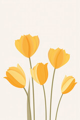 A simple, minimalistic illustration of yellow tulips with green foliage on a white background. Greeting card with spring mood