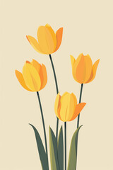 A simple, minimalistic illustration of yellow tulips with green foliage on a white background. Greeting card with spring mood