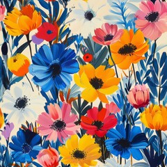 A seamless pattern of colorful flowers painted in a loose painterly style.