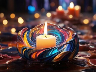 A mesmerizing candlelight, glowing with ethereal light, surrounded by abstract shapes and colors in the style of a colorist sculptor. - obrazy, fototapety, plakaty
